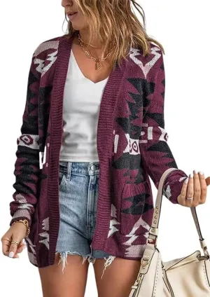 chouyatou Women's Tribal Aztec Print Sweater Open Front Knitted Jacquard Cardigan Sweater