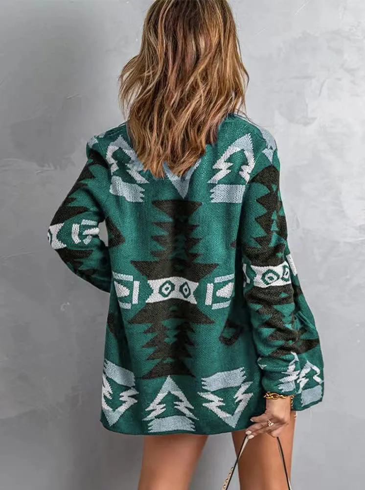 chouyatou Women's Tribal Aztec Print Sweater Open Front Knitted Jacquard Cardigan Sweater