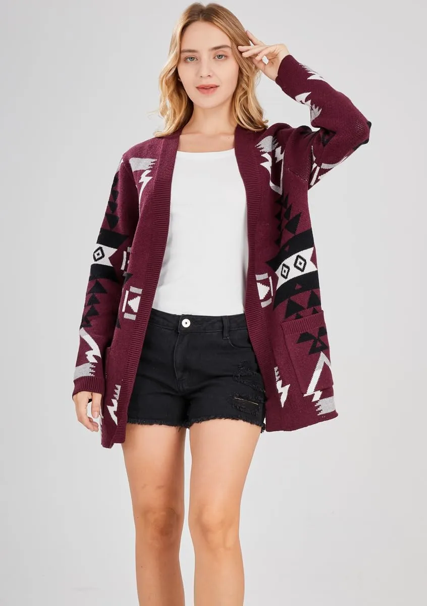chouyatou Women's Tribal Aztec Print Sweater Open Front Knitted Jacquard Cardigan Sweater