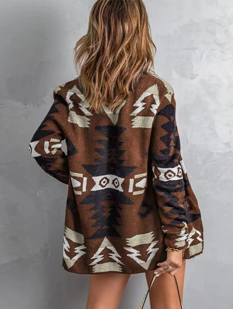 chouyatou Women's Tribal Aztec Print Sweater Open Front Knitted Jacquard Cardigan Sweater
