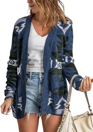 chouyatou Women's Tribal Aztec Print Sweater Open Front Knitted Jacquard Cardigan Sweater