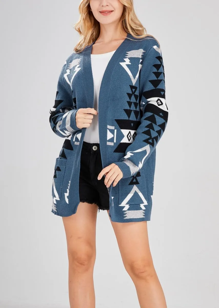 chouyatou Women's Tribal Aztec Print Sweater Open Front Knitted Jacquard Cardigan Sweater