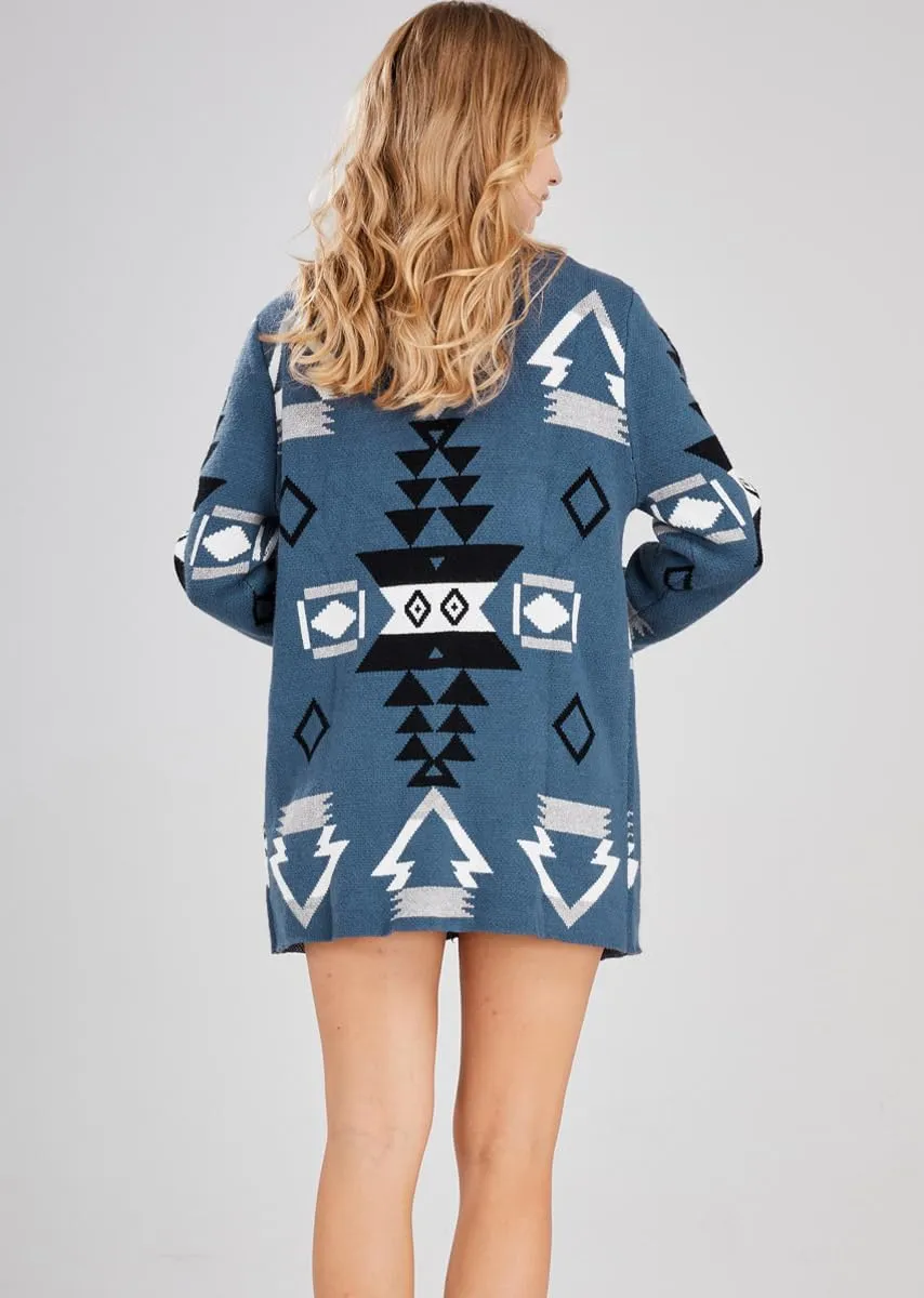 chouyatou Women's Tribal Aztec Print Sweater Open Front Knitted Jacquard Cardigan Sweater