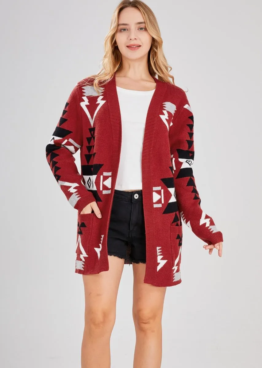 chouyatou Women's Tribal Aztec Print Sweater Open Front Knitted Jacquard Cardigan Sweater