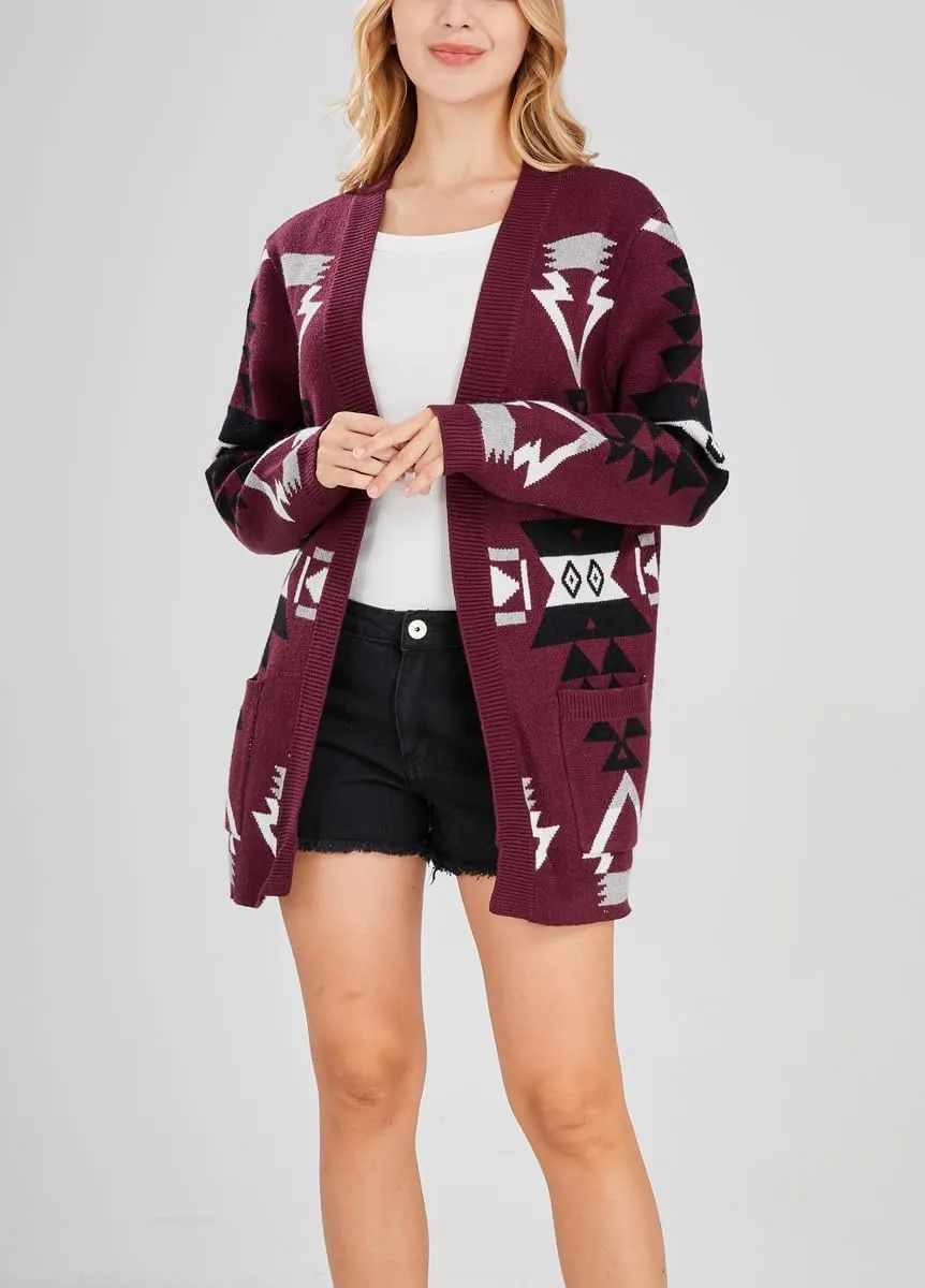 chouyatou Women's Tribal Aztec Print Sweater Open Front Knitted Jacquard Cardigan Sweater