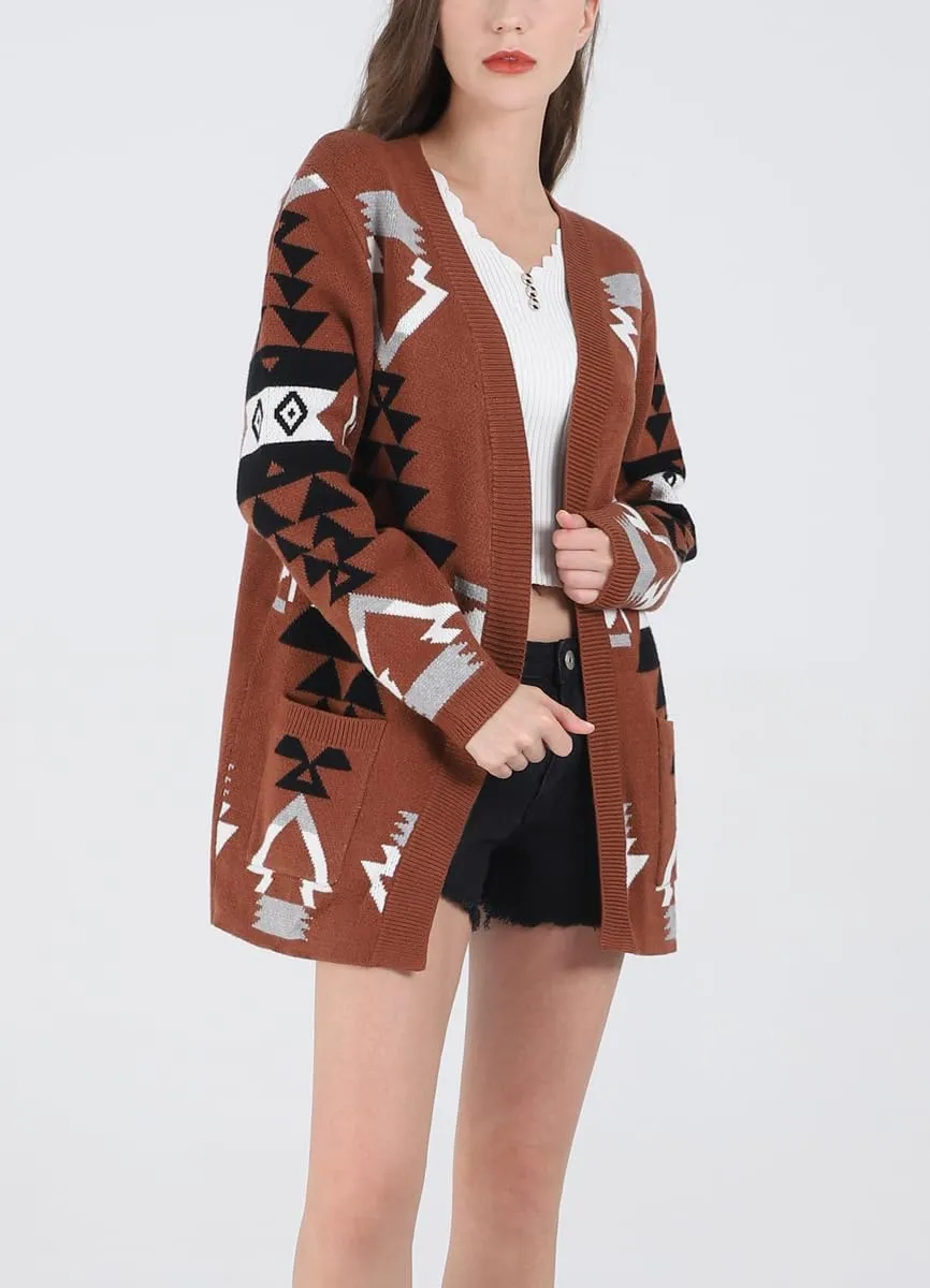 chouyatou Women's Tribal Aztec Print Sweater Open Front Knitted Jacquard Cardigan Sweater