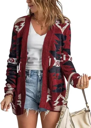 chouyatou Women's Tribal Aztec Print Sweater Open Front Knitted Jacquard Cardigan Sweater