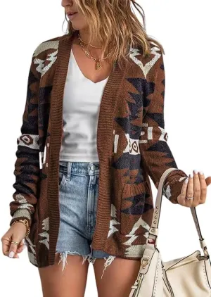chouyatou Women's Tribal Aztec Print Sweater Open Front Knitted Jacquard Cardigan Sweater
