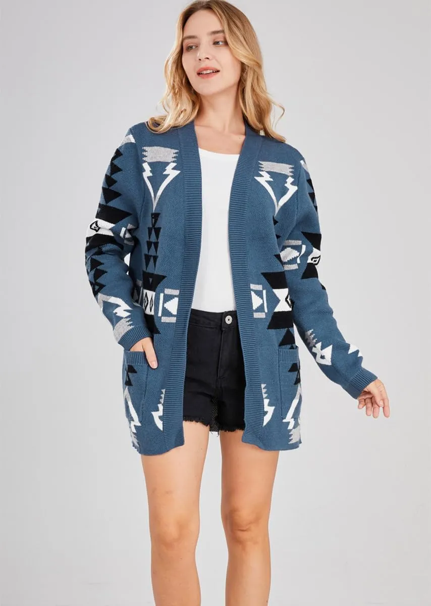 chouyatou Women's Tribal Aztec Print Sweater Open Front Knitted Jacquard Cardigan Sweater