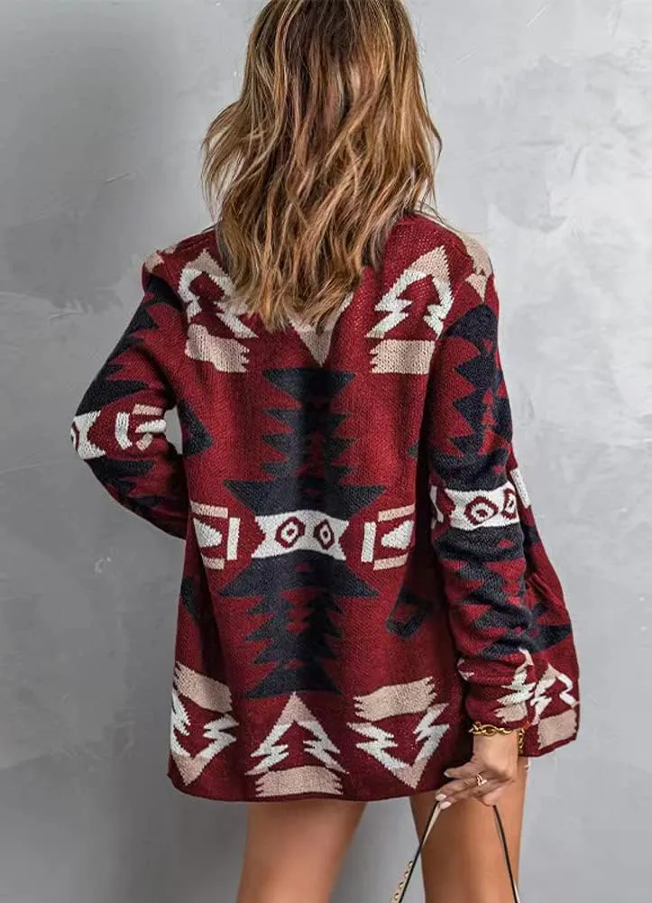 chouyatou Women's Tribal Aztec Print Sweater Open Front Knitted Jacquard Cardigan Sweater