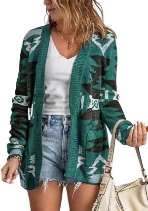 chouyatou Women's Tribal Aztec Print Sweater Open Front Knitted Jacquard Cardigan Sweater