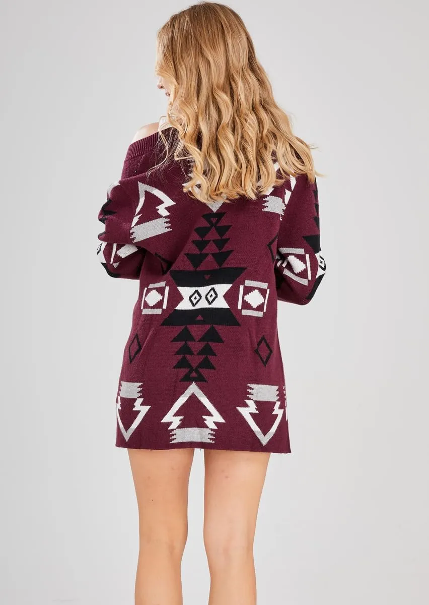 chouyatou Women's Tribal Aztec Print Sweater Open Front Knitted Jacquard Cardigan Sweater
