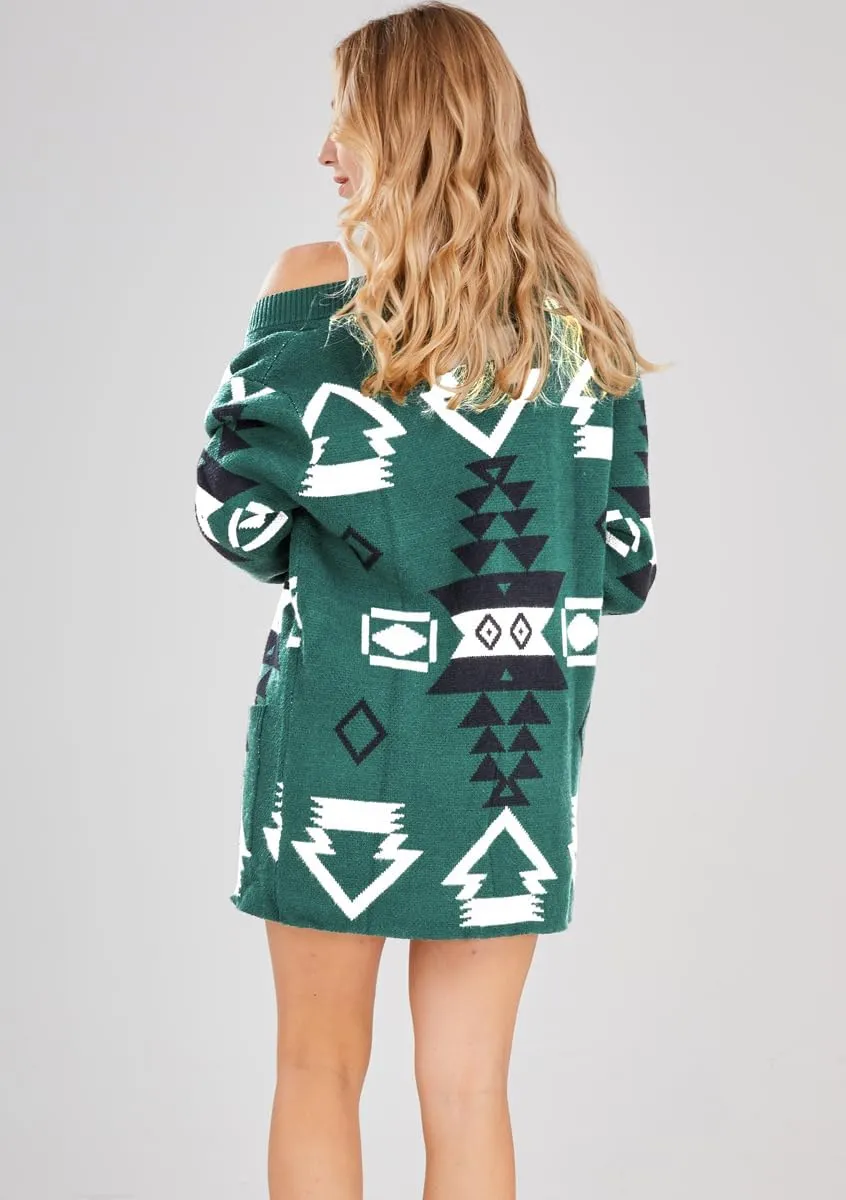 chouyatou Women's Tribal Aztec Print Sweater Open Front Knitted Jacquard Cardigan Sweater