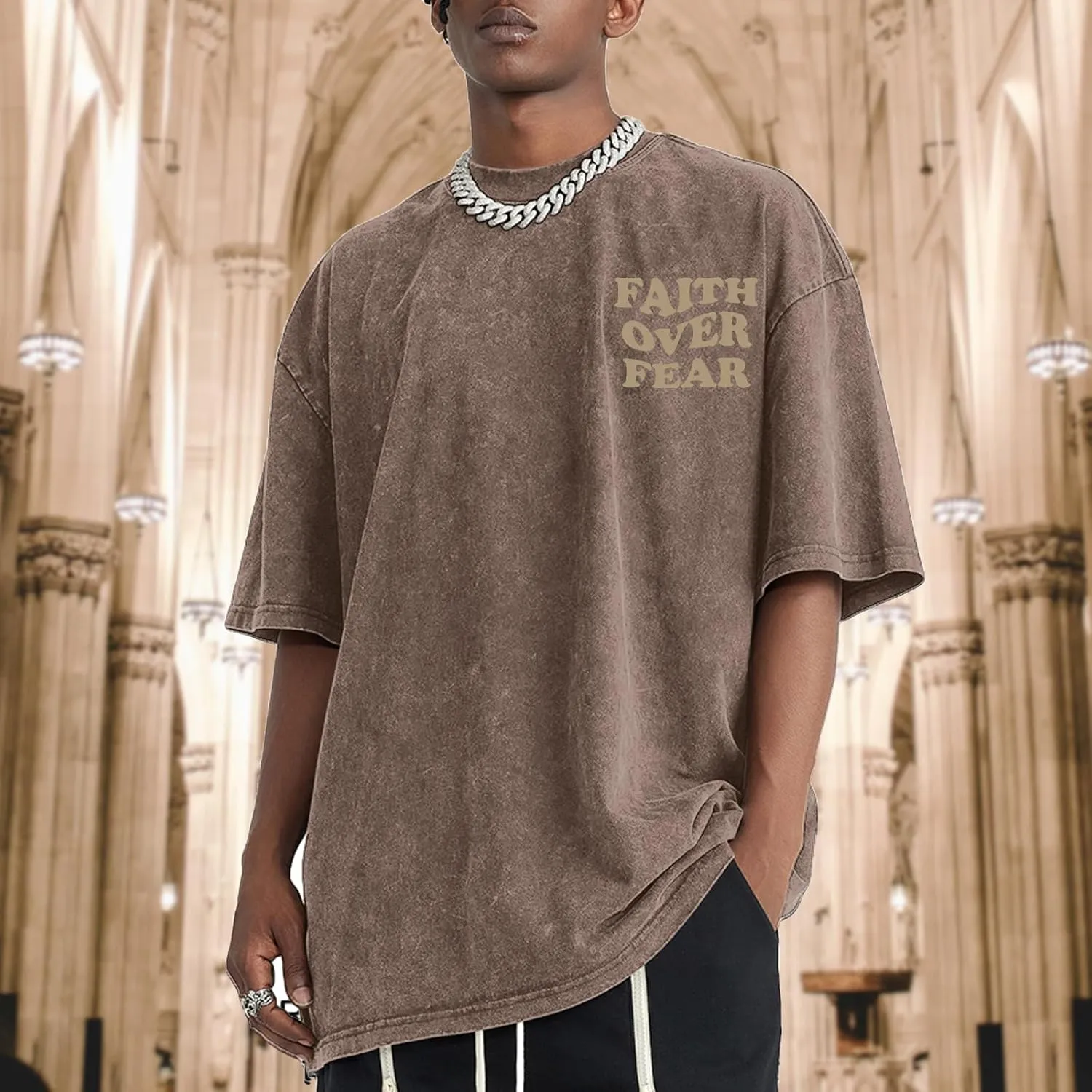 Christian Shirts for Men Faith Over Fear Oversized Shirt Acid Wash Tshirt Graphic Religious T Shirt Bible Verse Tees