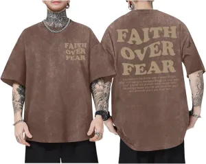 Christian Shirts for Men Faith Over Fear Oversized Shirt Acid Wash Tshirt Graphic Religious T Shirt Bible Verse Tees