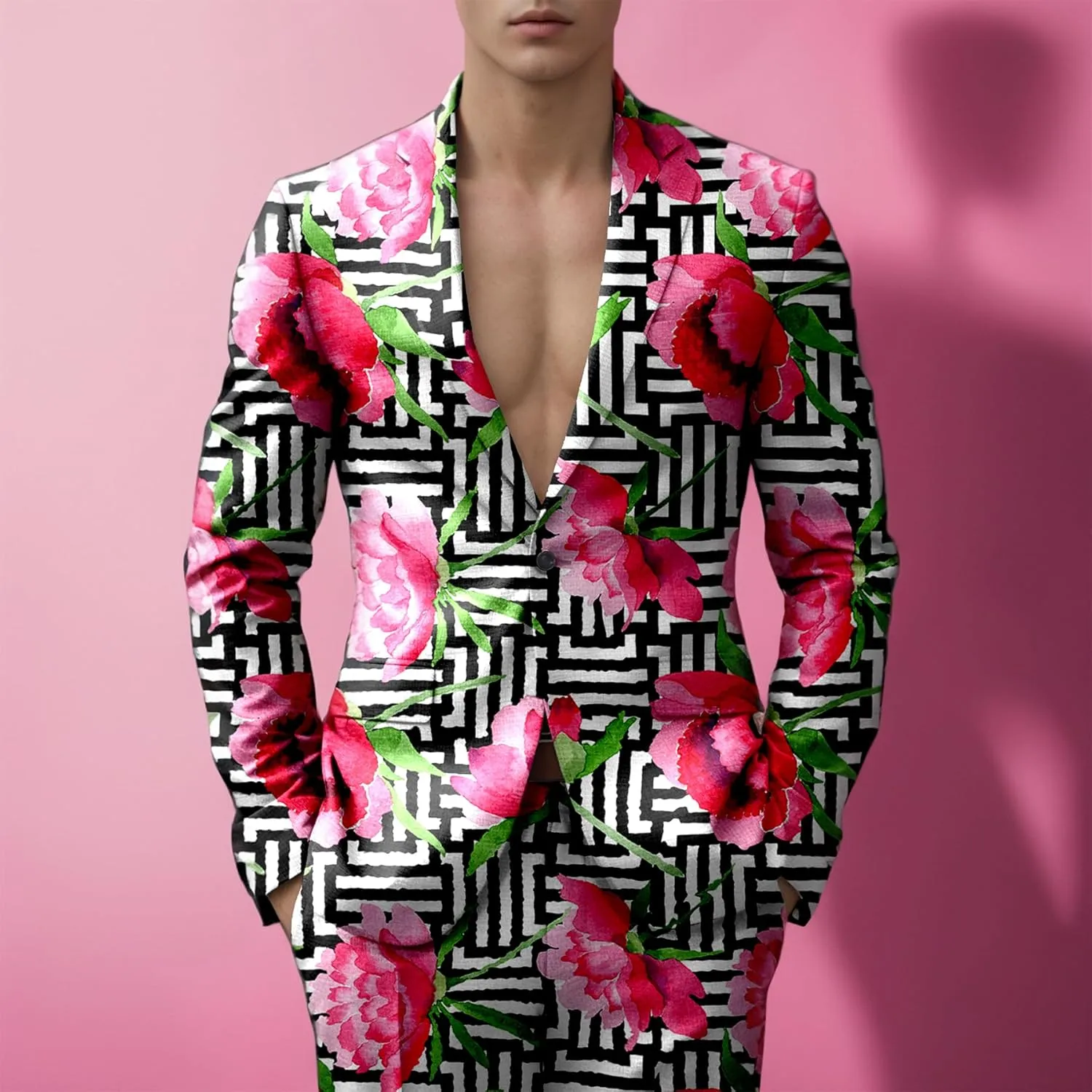 Cloudstyle Mens 2 Piece Floral Dress Suit Pattern Print Party Prom Tuxedo Suit Jacket Pants Set