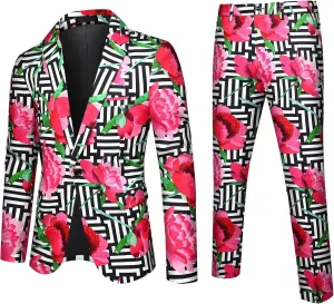 Cloudstyle Mens 2 Piece Floral Dress Suit Pattern Print Party Prom Tuxedo Suit Jacket Pants Set