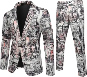 Cloudstyle Mens 2 Piece Floral Dress Suit Pattern Print Party Prom Tuxedo Suit Jacket Pants Set