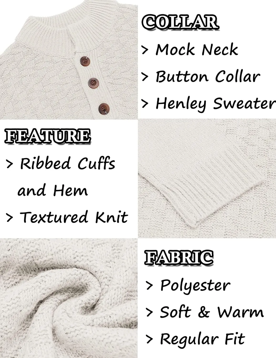 COOFANDY Men Mock Neck Button Sweater Casual Knitted Sweaters Fashion Henley Sweater