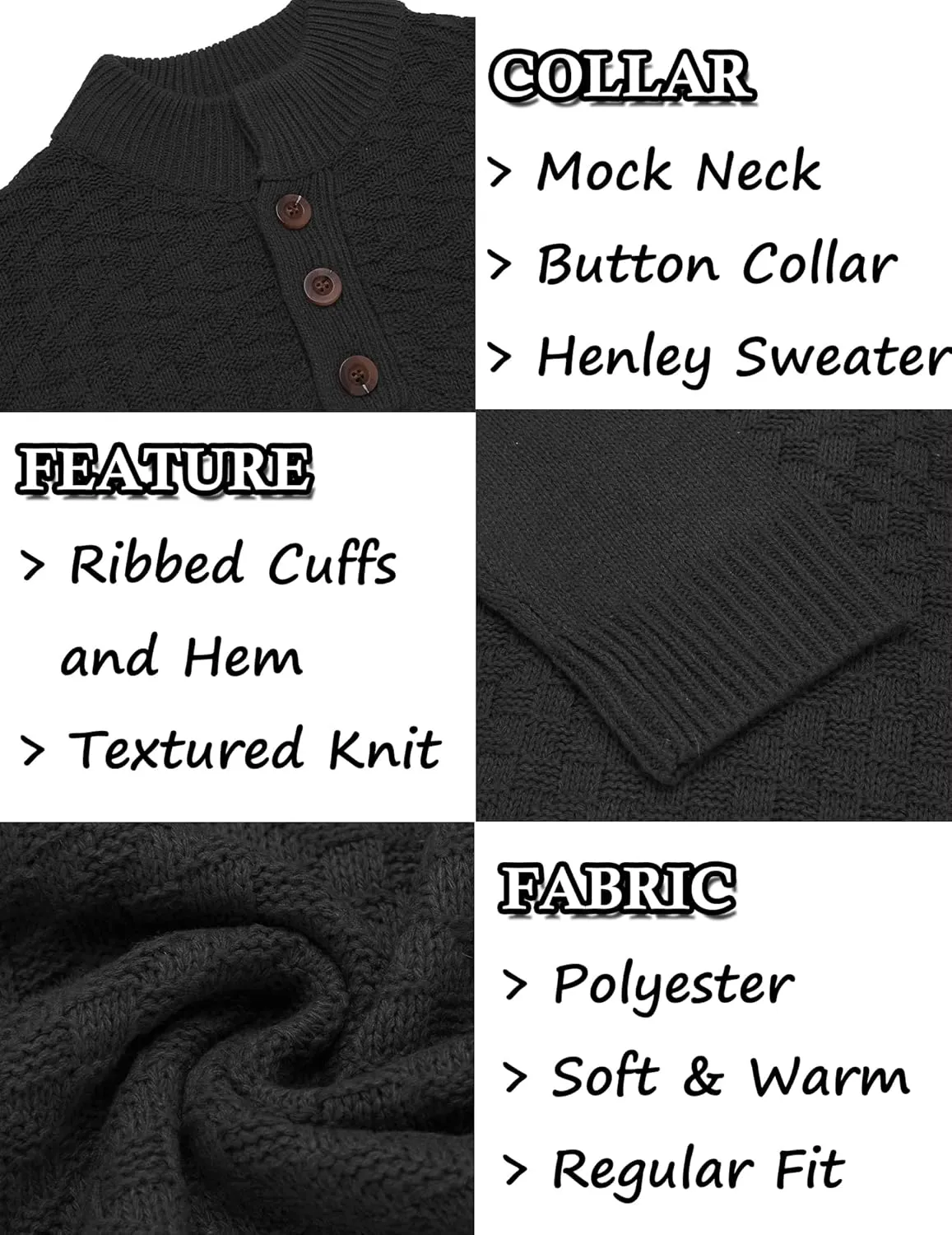 COOFANDY Men Mock Neck Button Sweater Casual Knitted Sweaters Fashion Henley Sweater