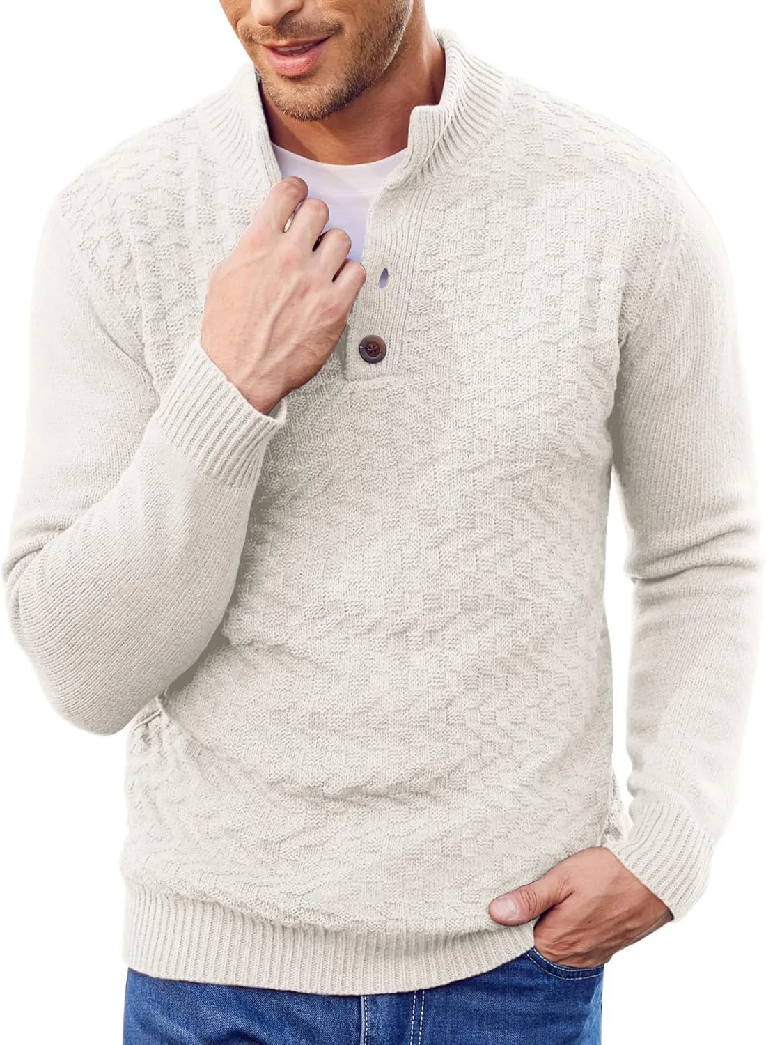 COOFANDY Men Mock Neck Button Sweater Casual Knitted Sweaters Fashion Henley Sweater