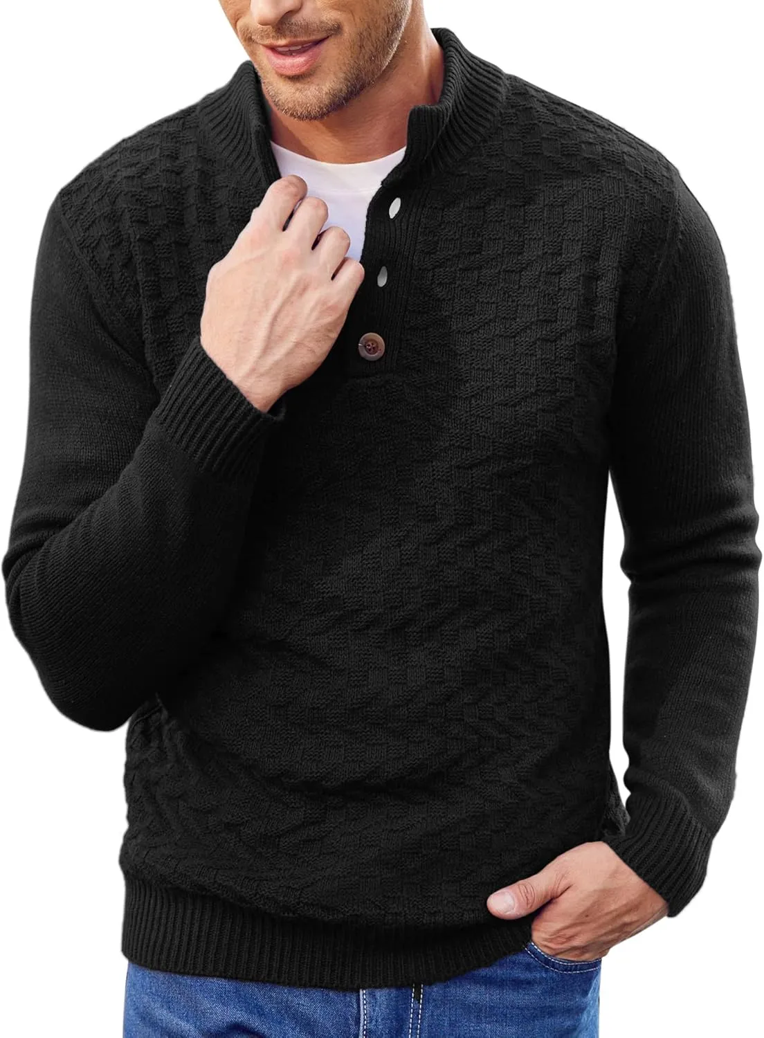 COOFANDY Men Mock Neck Button Sweater Casual Knitted Sweaters Fashion Henley Sweater