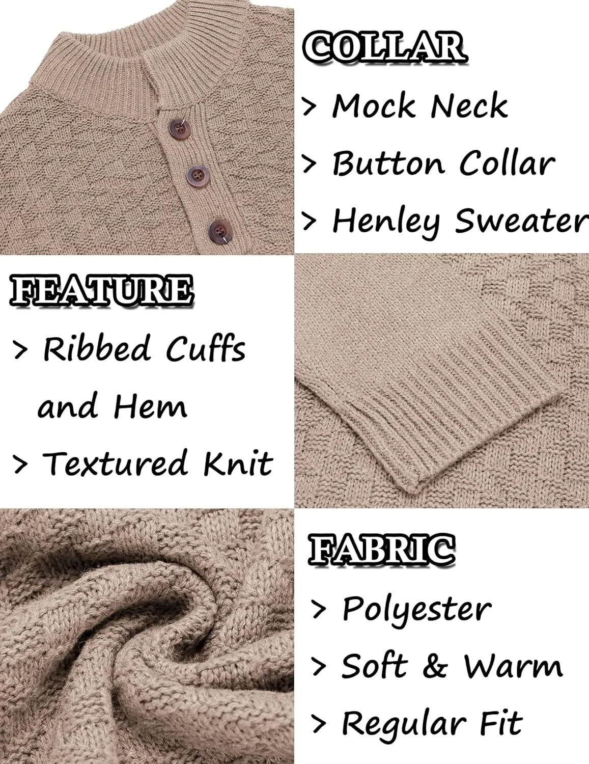 COOFANDY Men Mock Neck Button Sweater Casual Knitted Sweaters Fashion Henley Sweater