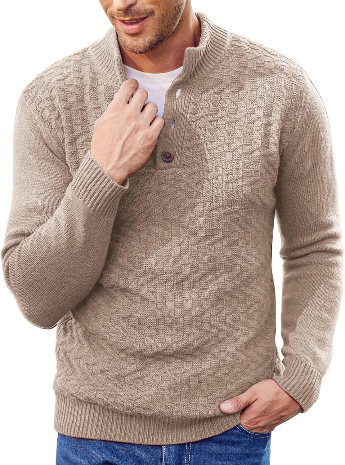 COOFANDY Men Mock Neck Button Sweater Casual Knitted Sweaters Fashion Henley Sweater