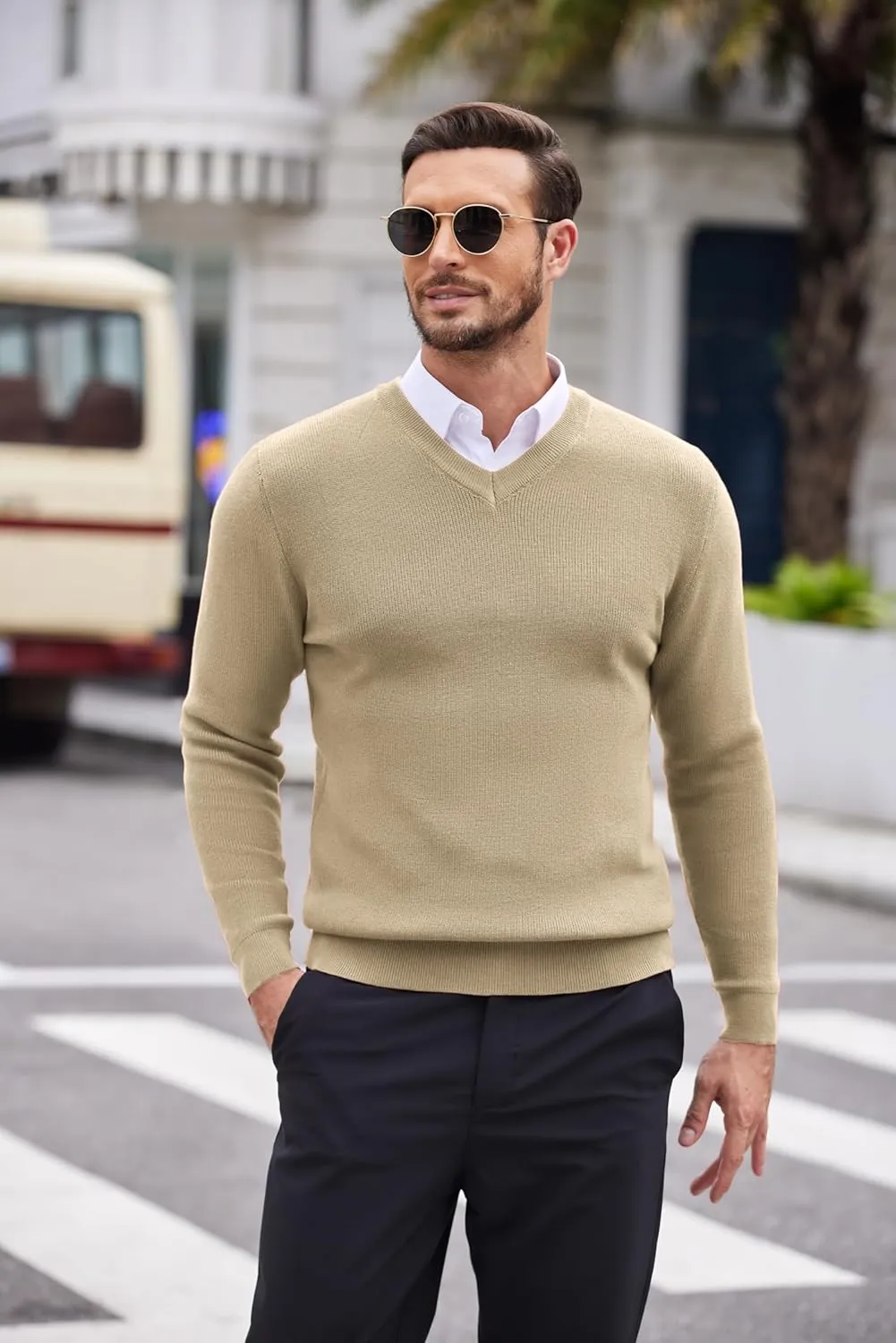 COOFANDY Men V Neck Dress Sweater Knit Long Sleeve Casual Slim Fit Pullover Sweater
