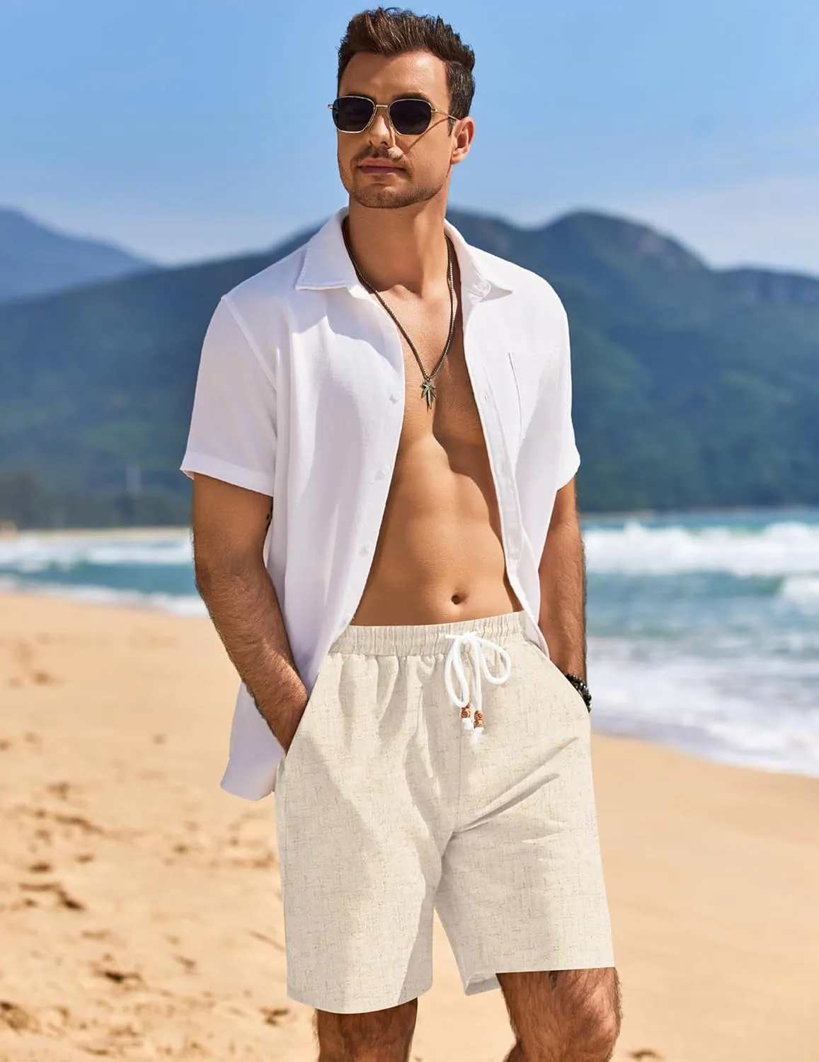 COOFANDY Mens Linen Shorts Casual Drawstring Elastic Waist Lightweight Summer Vacation Beach Shorts
