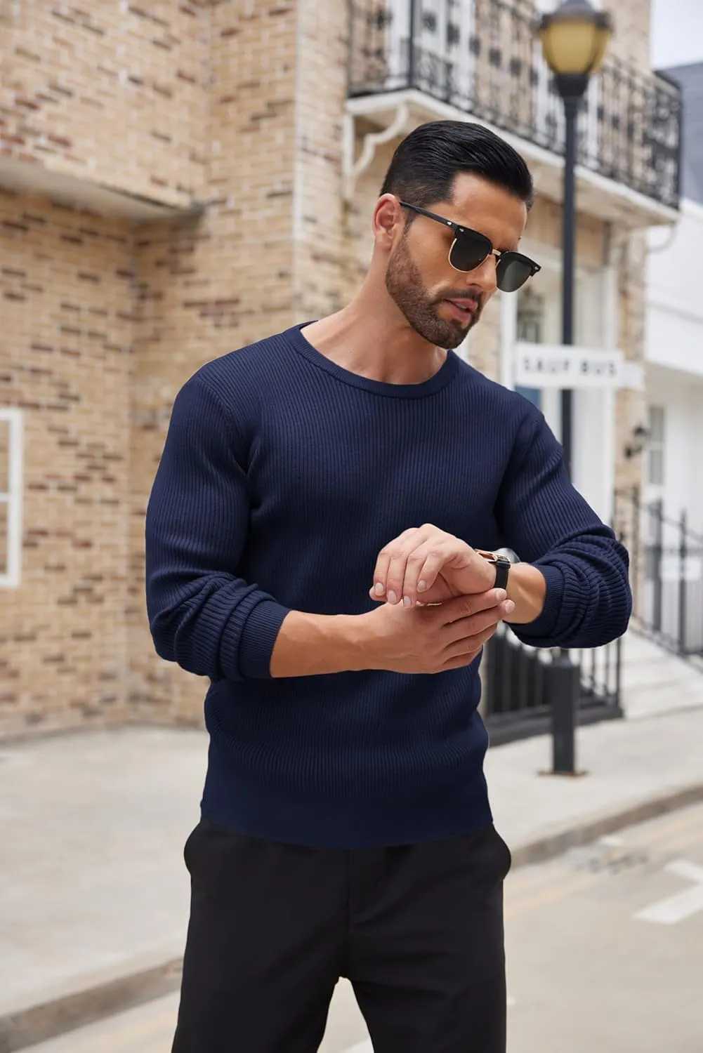 COOFANDY Men's Ribbed Crewneck Sweater Long Sleeve Slim Fit Knitted Pullover Sweater