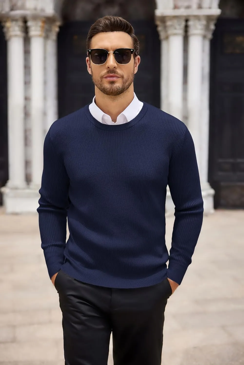COOFANDY Men's Ribbed Crewneck Sweater Long Sleeve Slim Fit Knitted Pullover Sweater