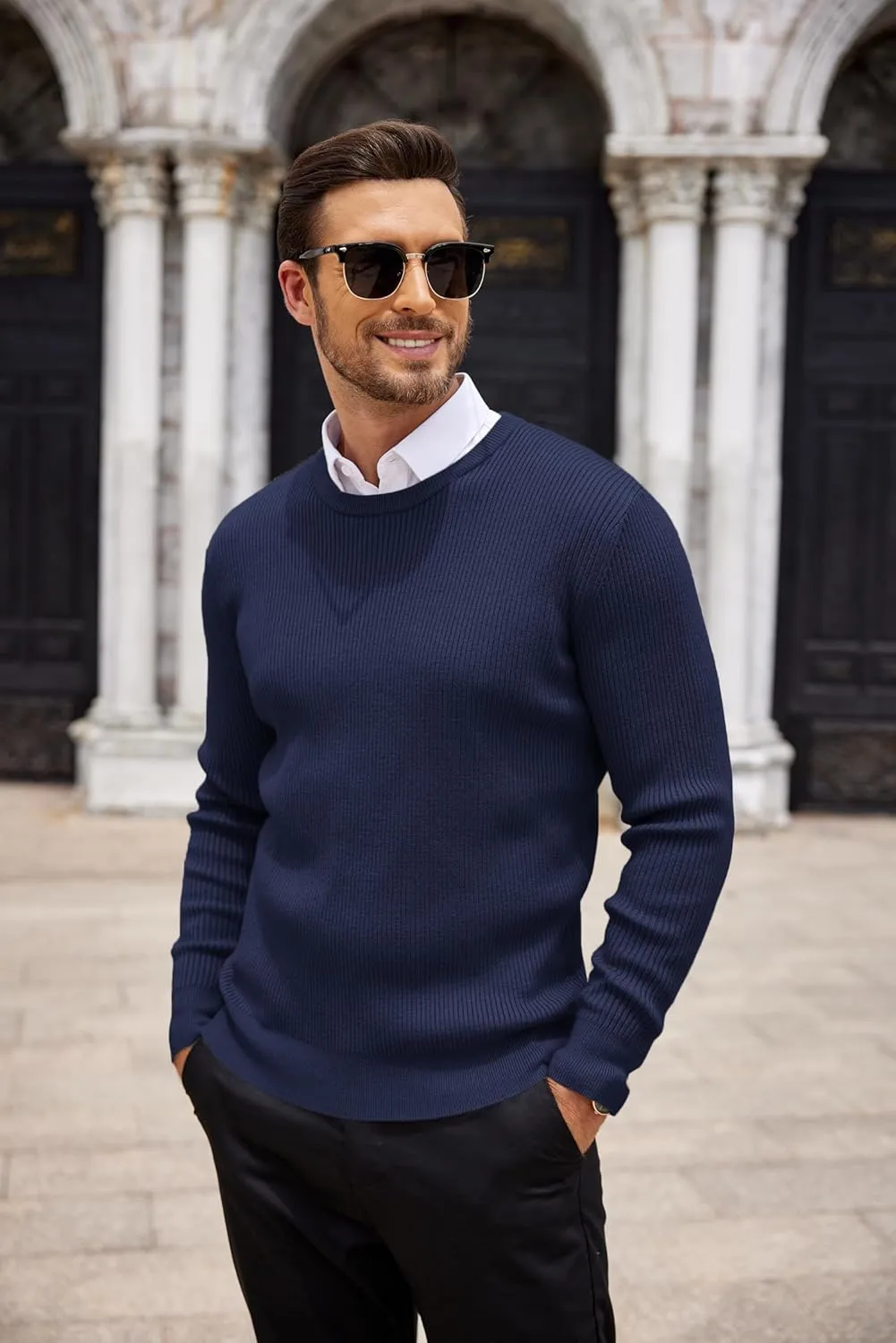 COOFANDY Men's Ribbed Crewneck Sweater Long Sleeve Slim Fit Knitted Pullover Sweater