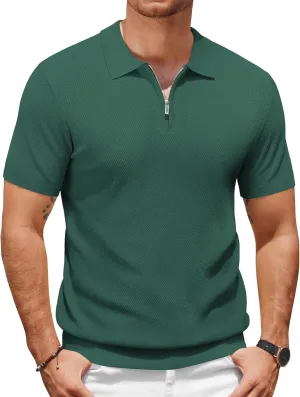 COOFANDY Mens Textured Knit Polo Shirts Zipper Polo Shirts Short Sleeve Casual Lightweight Golf Shirt