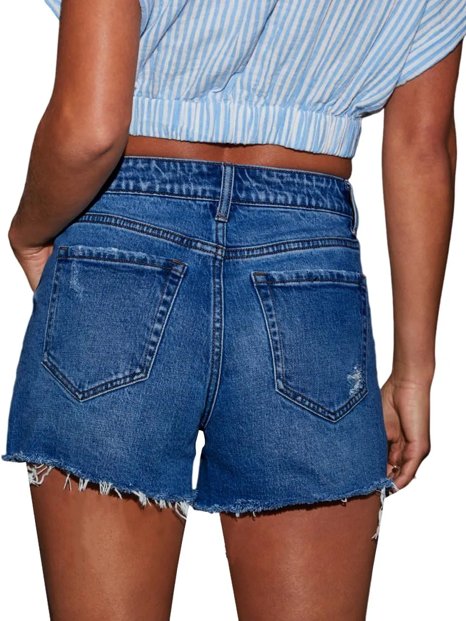 cordat Women's Mid Rise Ripped Stretchy Jeans Shorts Frayed Raw Hem Casual Denim Shorts