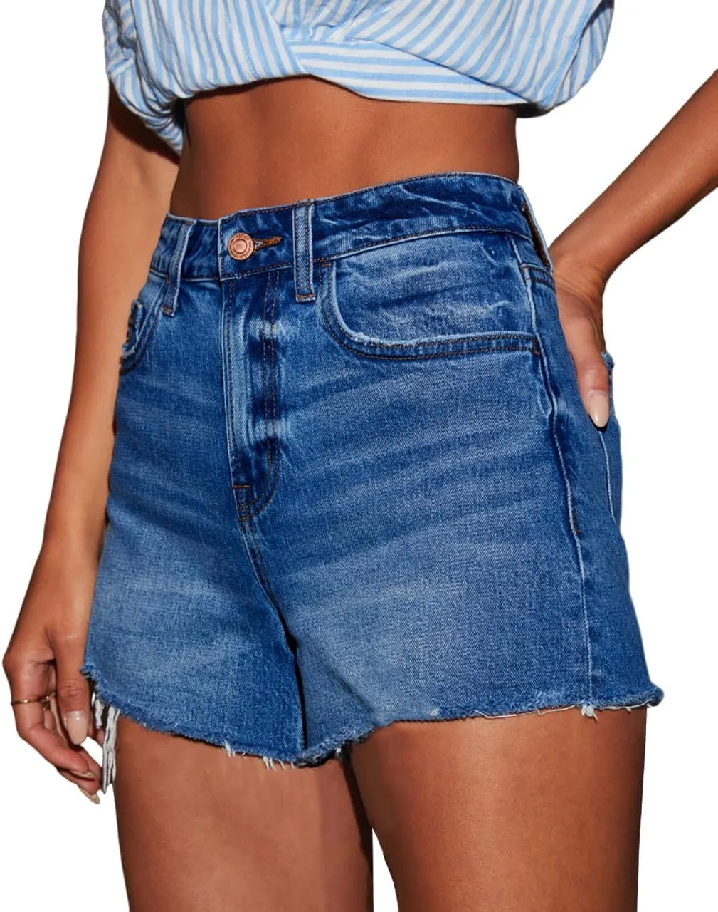 cordat Women's Mid Rise Ripped Stretchy Jeans Shorts Frayed Raw Hem Casual Denim Shorts