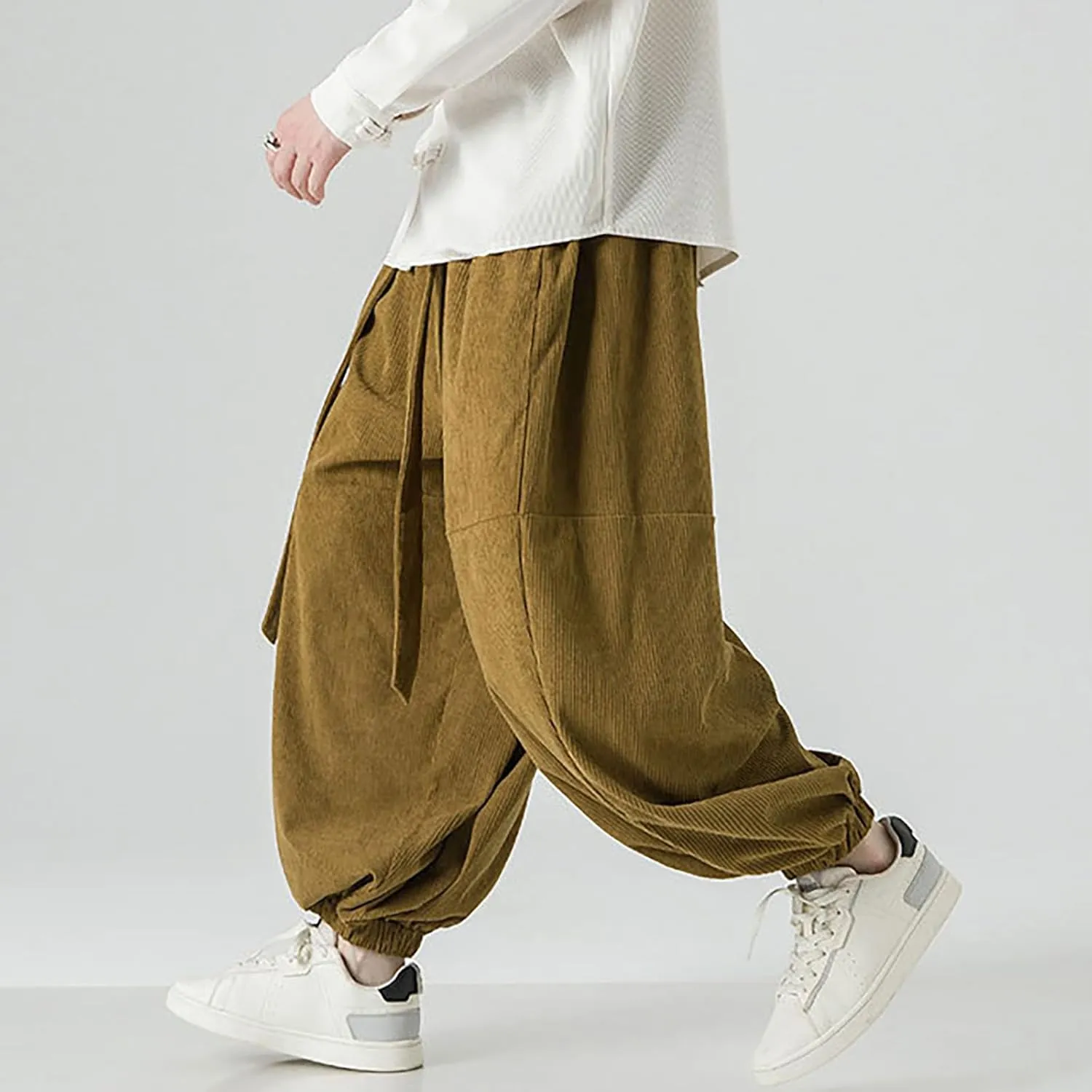 Corduroy Pants Men Baggy Drop Crotch Hippie Harem Pants Casual Loose Boho Joggers Tie Front Japanese Pants Trousers