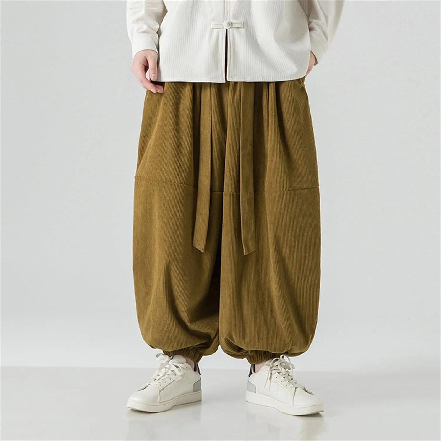 Corduroy Pants Men Baggy Drop Crotch Hippie Harem Pants Casual Loose Boho Joggers Tie Front Japanese Pants Trousers