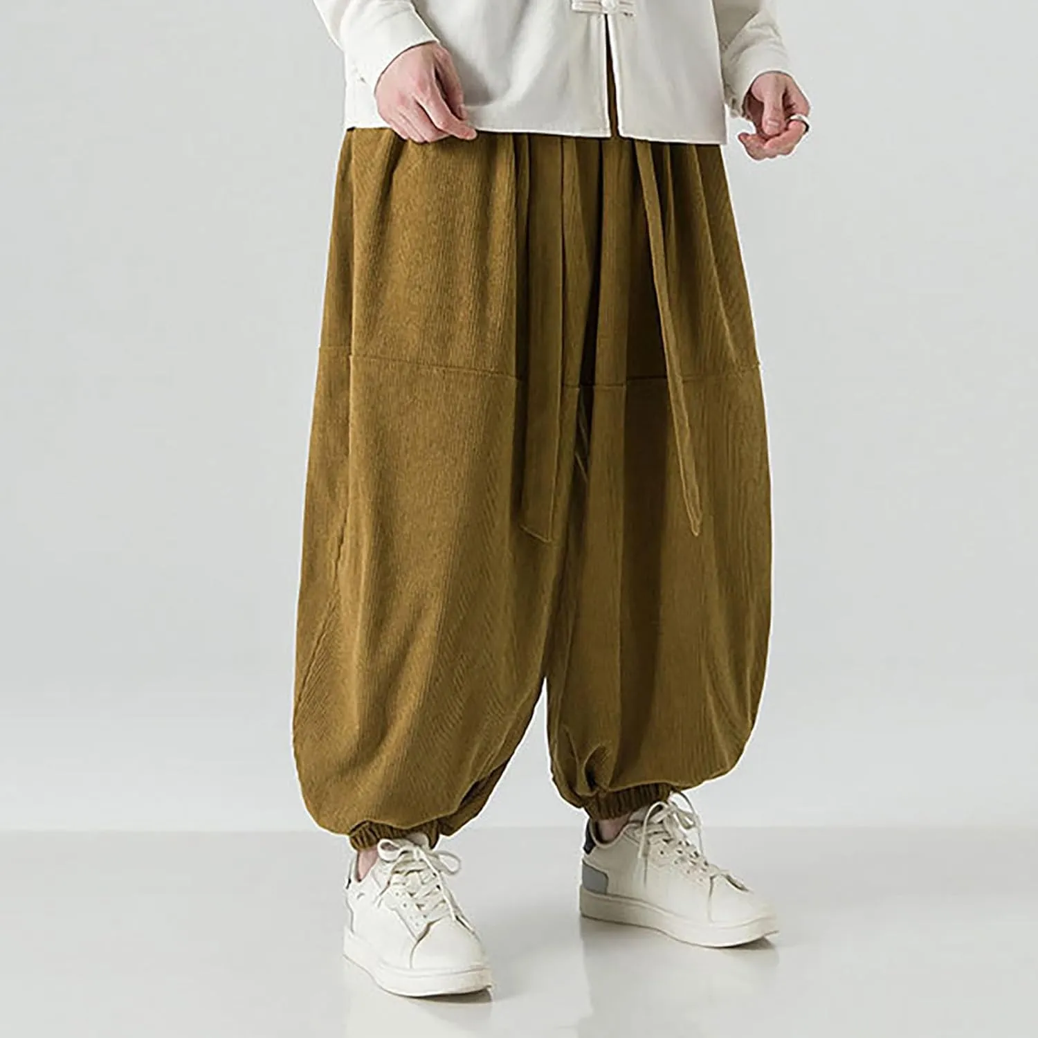 Corduroy Pants Men Baggy Drop Crotch Hippie Harem Pants Casual Loose Boho Joggers Tie Front Japanese Pants Trousers
