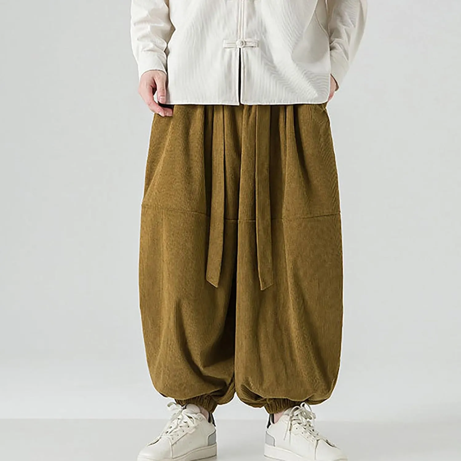 Corduroy Pants Men Baggy Drop Crotch Hippie Harem Pants Casual Loose Boho Joggers Tie Front Japanese Pants Trousers