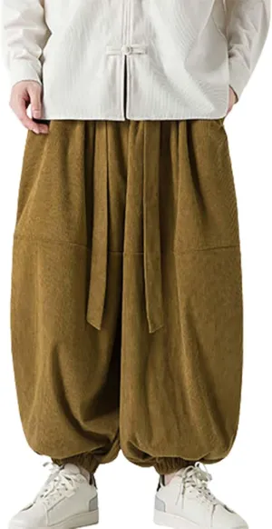 Corduroy Pants Men Baggy Drop Crotch Hippie Harem Pants Casual Loose Boho Joggers Tie Front Japanese Pants Trousers