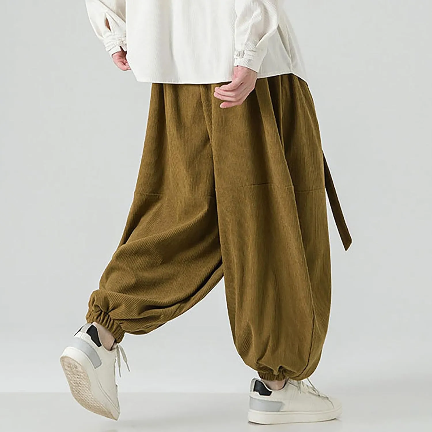 Corduroy Pants Men Baggy Drop Crotch Hippie Harem Pants Casual Loose Boho Joggers Tie Front Japanese Pants Trousers