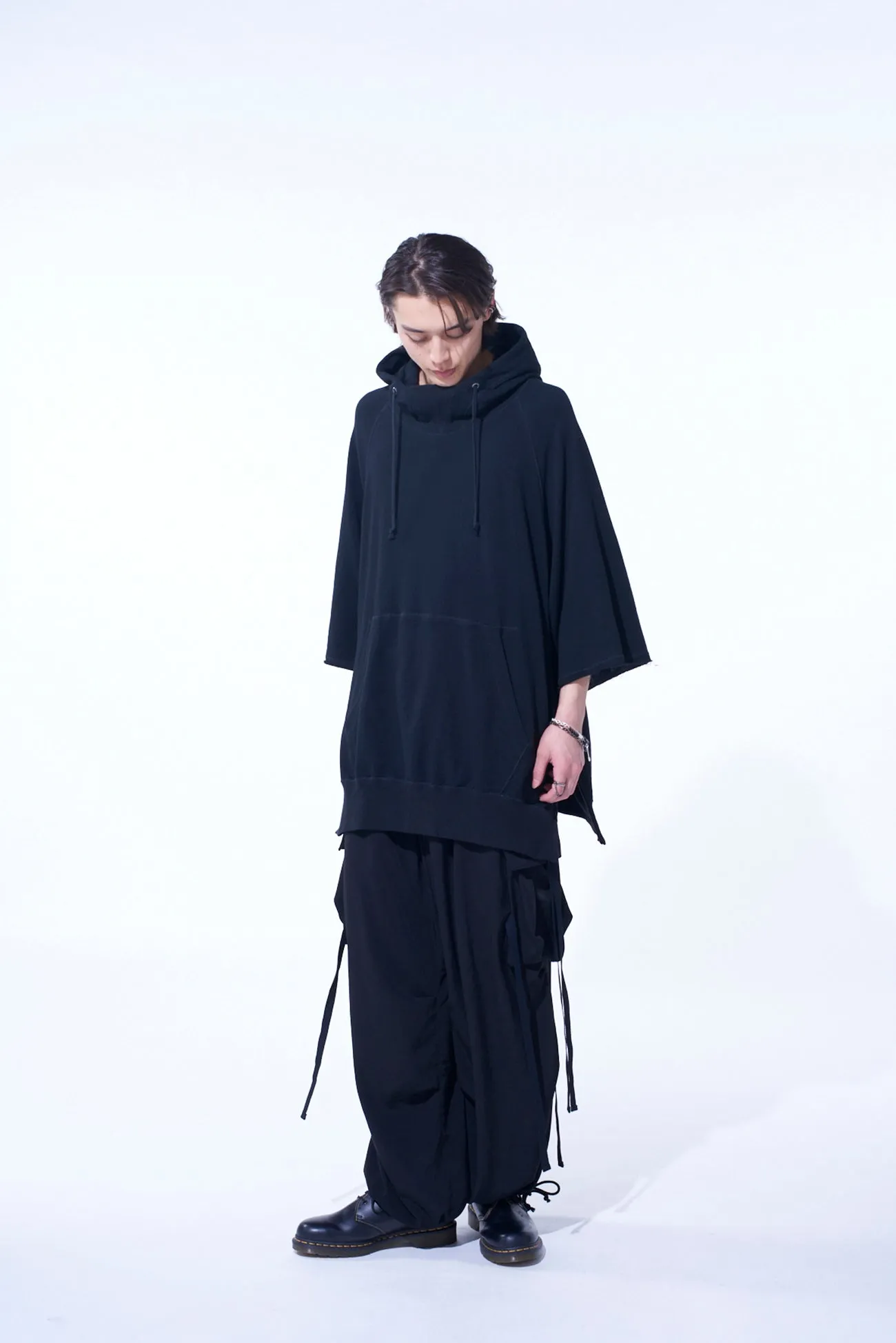 COTTON GAUZE SHORT-SLEEVED BIG HOODIE WITH SIDE ZIPPERS