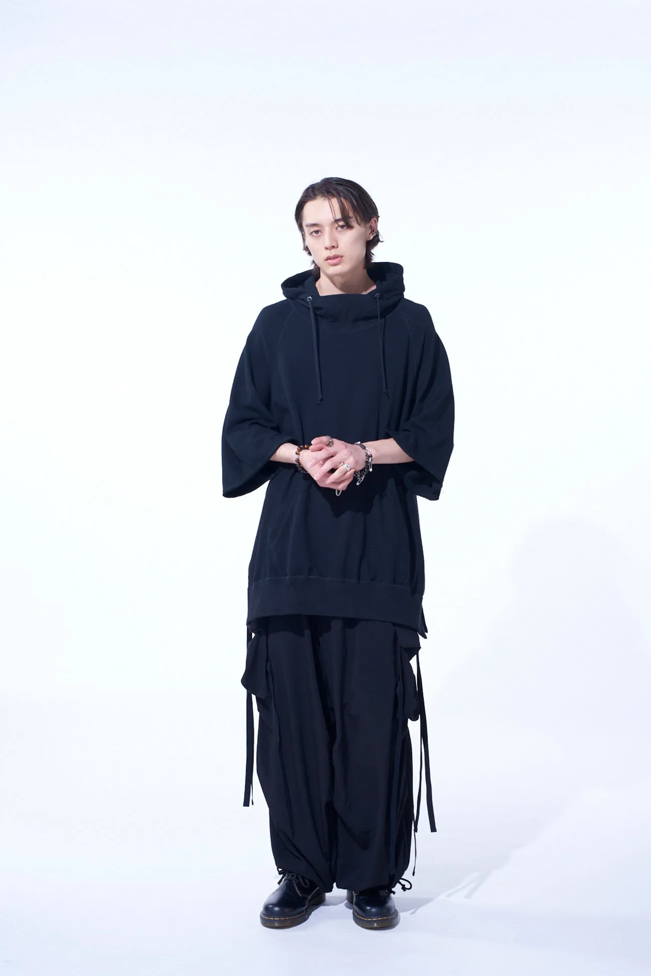 COTTON GAUZE SHORT-SLEEVED BIG HOODIE WITH SIDE ZIPPERS