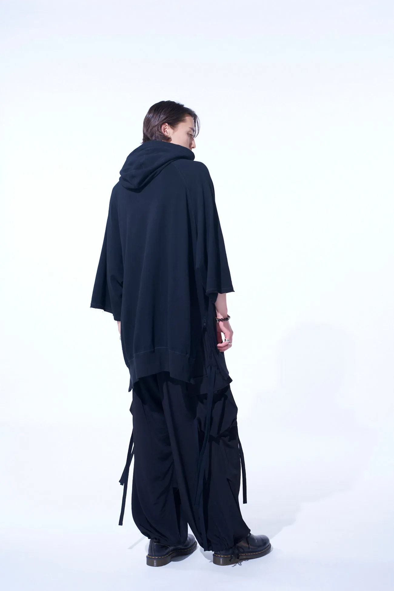 COTTON GAUZE SHORT-SLEEVED BIG HOODIE WITH SIDE ZIPPERS
