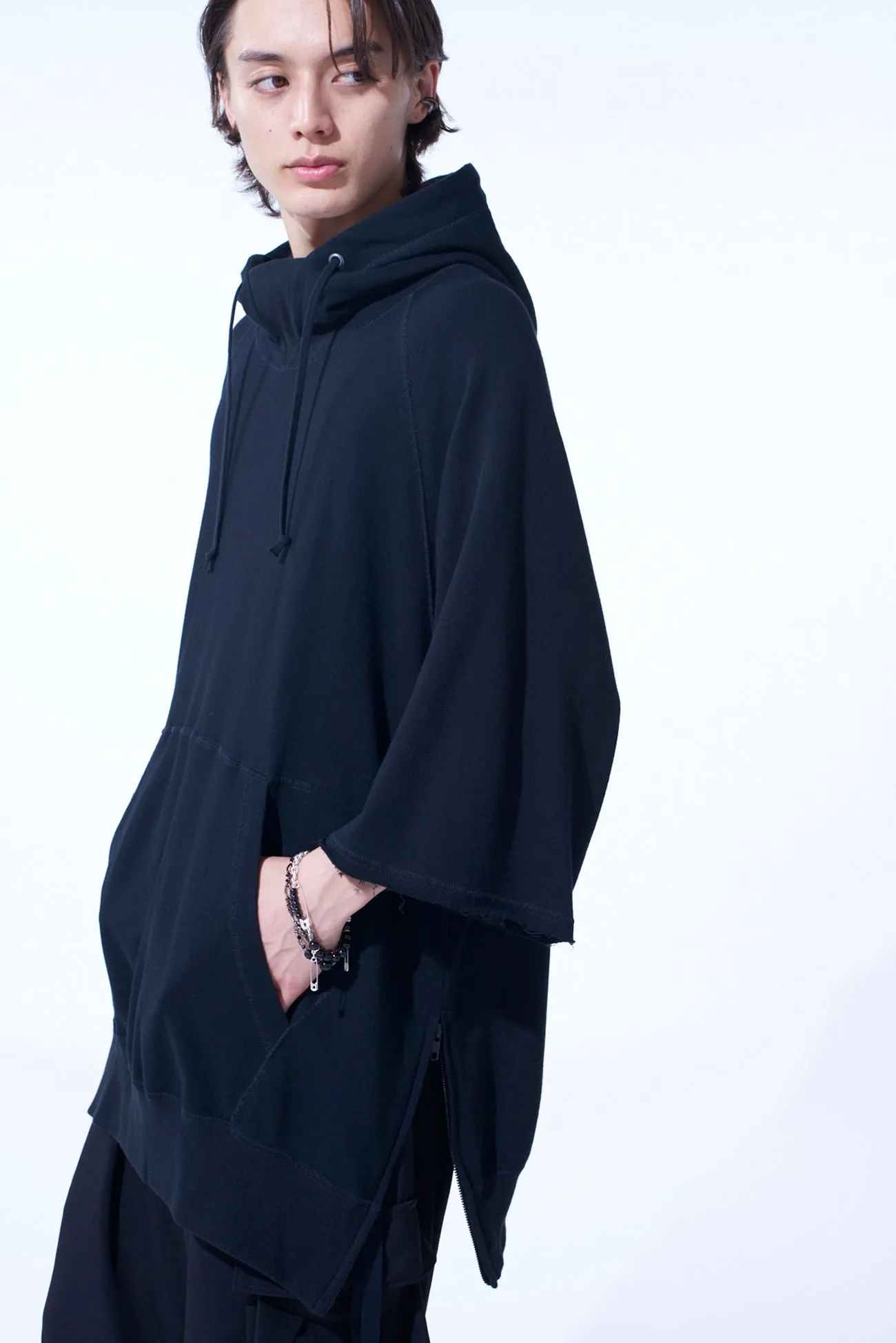 COTTON GAUZE SHORT-SLEEVED BIG HOODIE WITH SIDE ZIPPERS