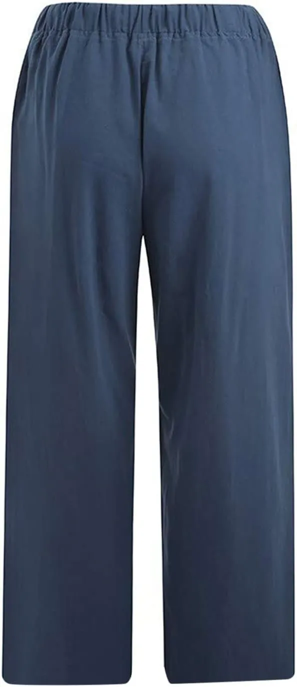 Cotton Linen Capri Pants for Women 2023 Summer Casual Elastic Waist Wide Leg Cropped Pants Loose Fit Beach Pants with Pockets