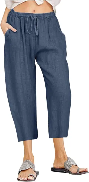 Cotton Linen Capri Pants for Women 2023 Summer Casual Elastic Waist Wide Leg Cropped Pants Loose Fit Beach Pants with Pockets