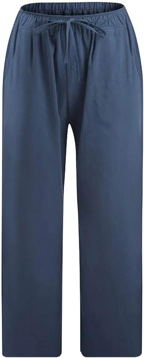 Cotton Linen Capri Pants for Women 2023 Summer Casual Elastic Waist Wide Leg Cropped Pants Loose Fit Beach Pants with Pockets