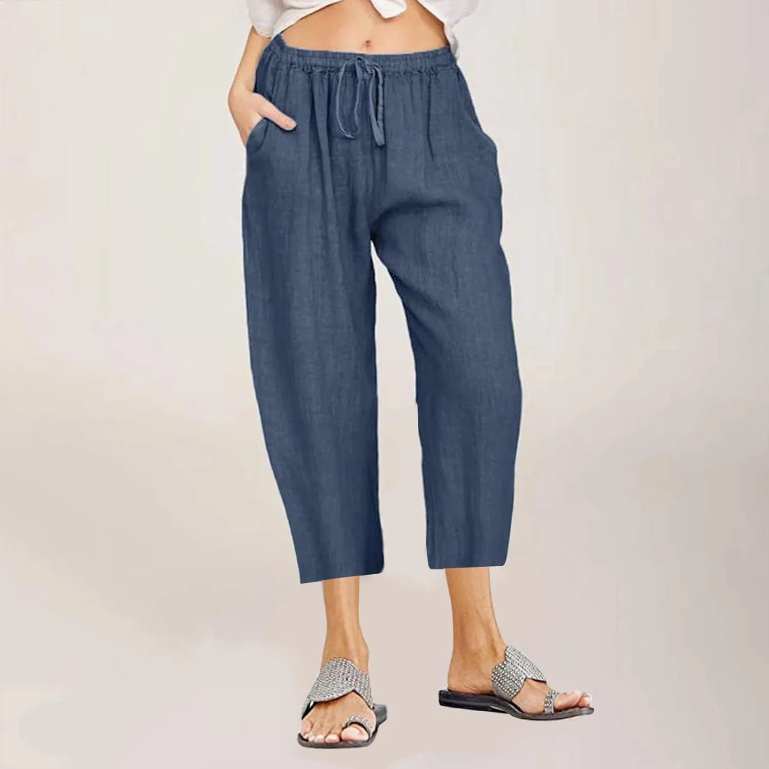 Cotton Linen Capri Pants for Women 2023 Summer Casual Elastic Waist Wide Leg Cropped Pants Loose Fit Beach Pants with Pockets